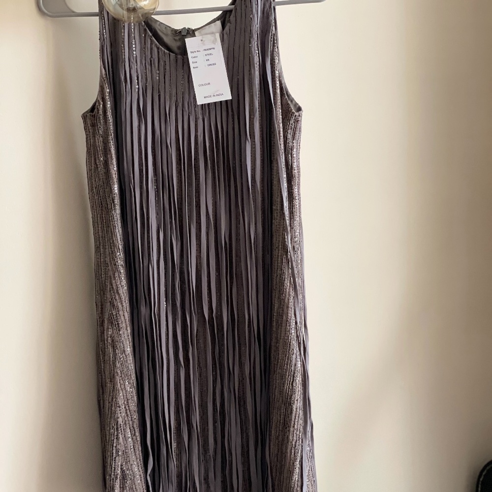 PARKER NWT $418 Bryant Silk Gray Fringe Sequin Scoop Neck Mini Shift Dress XS